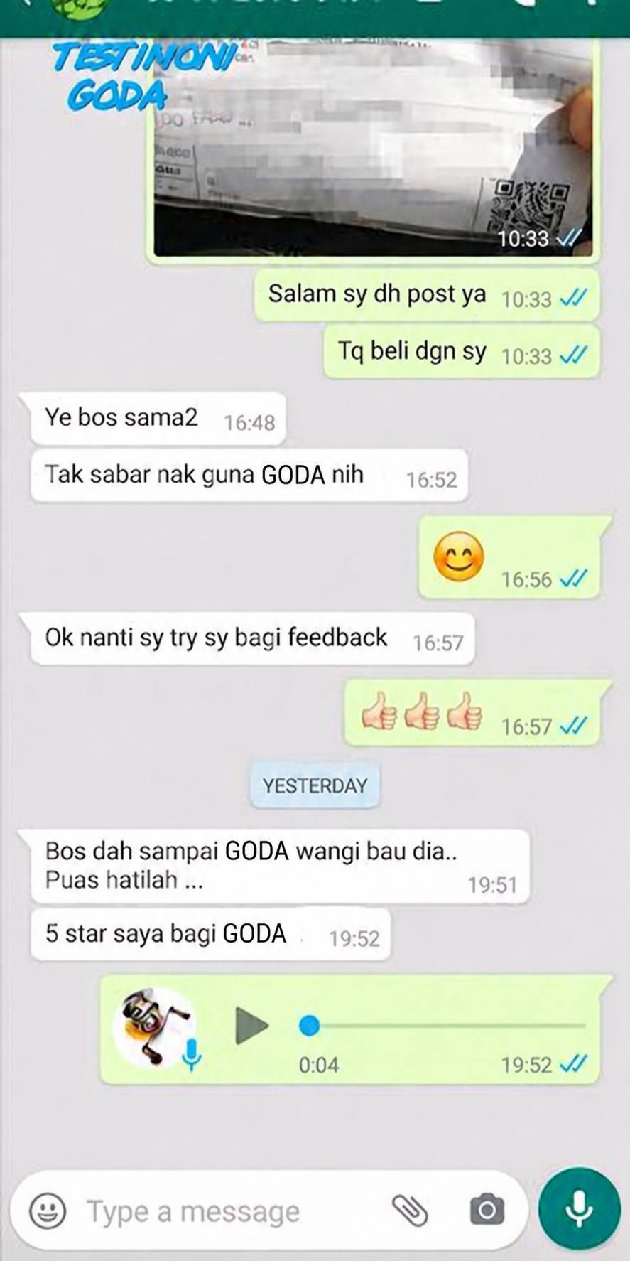 Screenshot testimoni pelanggan GODA 2