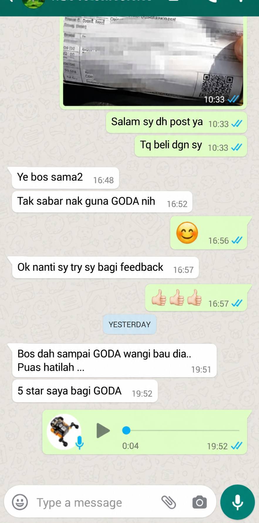 Screenshot testimoni pelanggan GODA 7